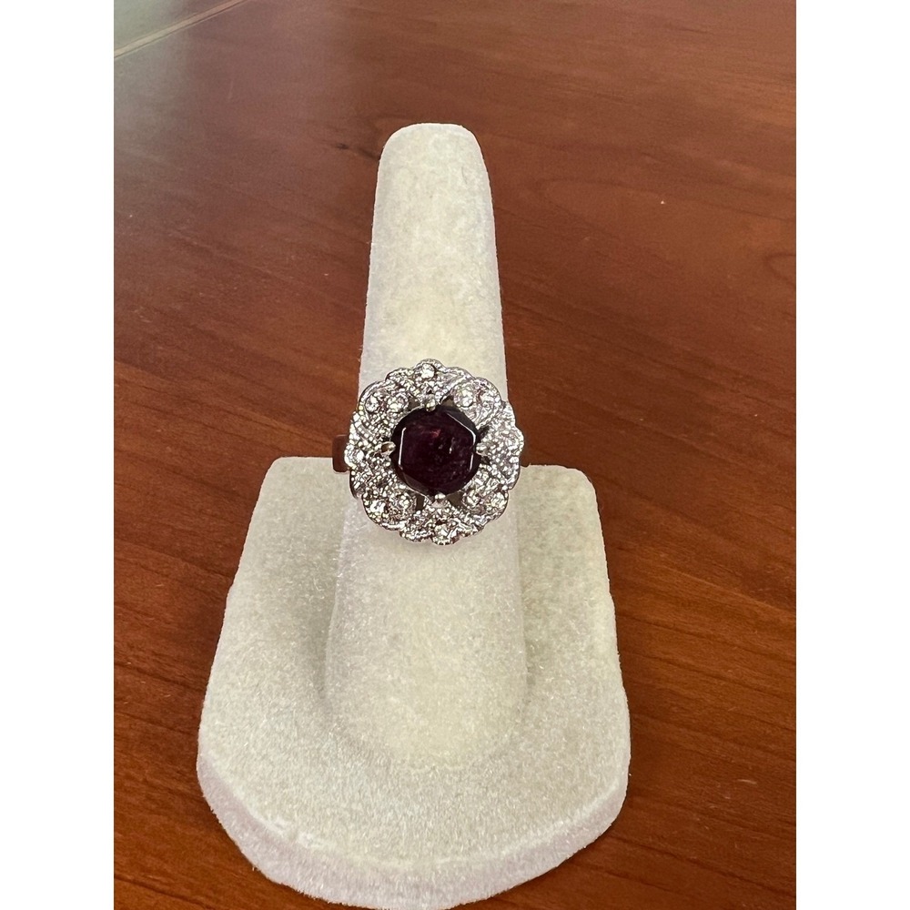 Vintage Style Silver Tone Garnet Red Halo Cocktail Ring Size 5
